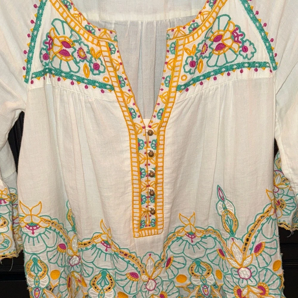 Anthropologie White Embroidered Peasant Tunic with Yellow & Turquoise Accents - Picture 5 of 5